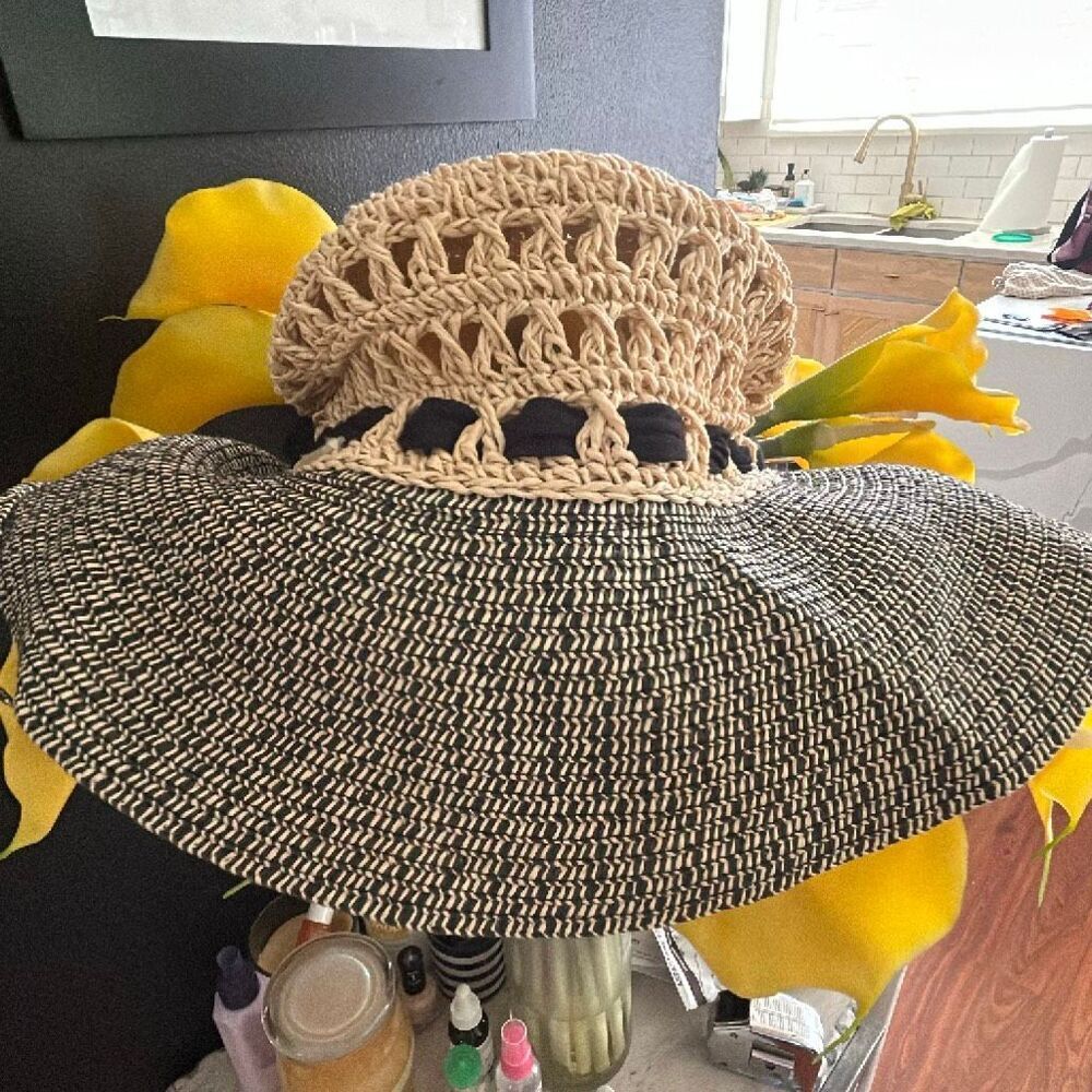 Betmar crochet straw cream black hat with bow beach hat floppy